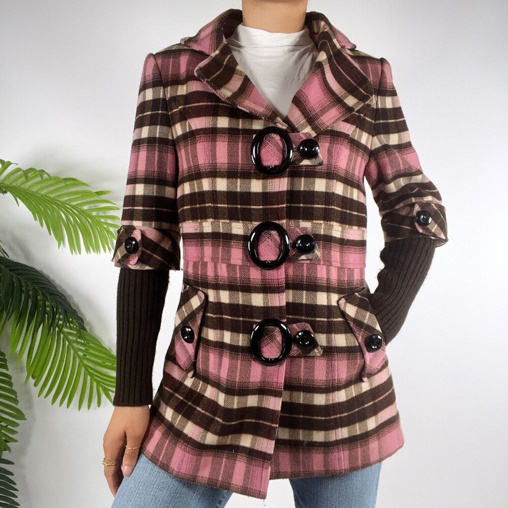 Madame Pink & Brown Plaid Wool Blend Double Breasted Mid-Length Coat Size / M